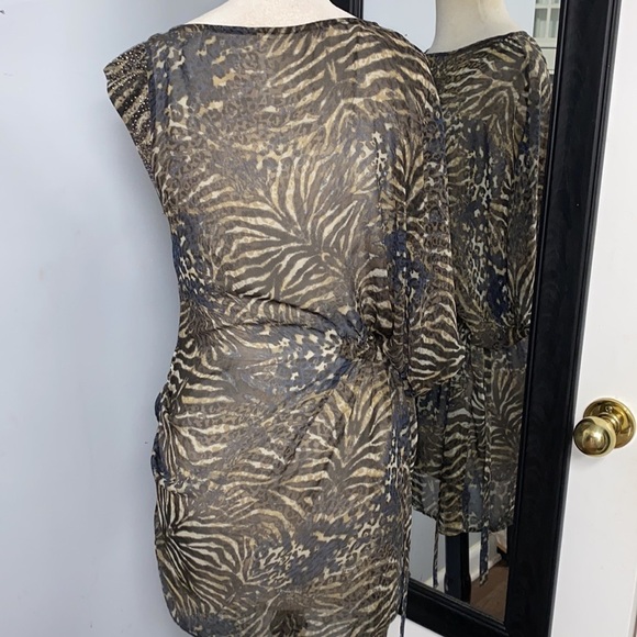 VINTAGE SHEER ONE SLEEVE SIDE-ROUCHING SEXY BATHING SUIT COVER 100% SILK - Picture 5 of 12